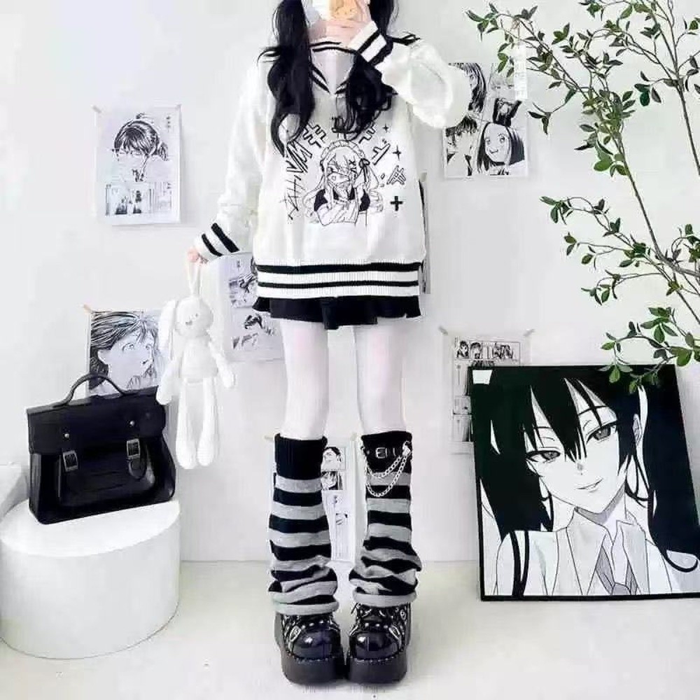 Boot Sock Slouchy - ปลอกขาไหมพรมสไตล์ญี่ปุ่นฮาราจูกุ ปลอกขาไหมพรมลายทางแบบหลวมๆ พร้อมโซ่ตกแต่ง สำหรับผู้หญิง